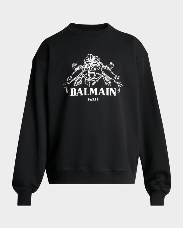Men's Floral Logo Crest Crewneck Sweatshirt by BALMAIN