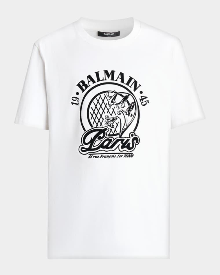 Men's Floral Logo Graphic Crewneck T-Shirt by BALMAIN
