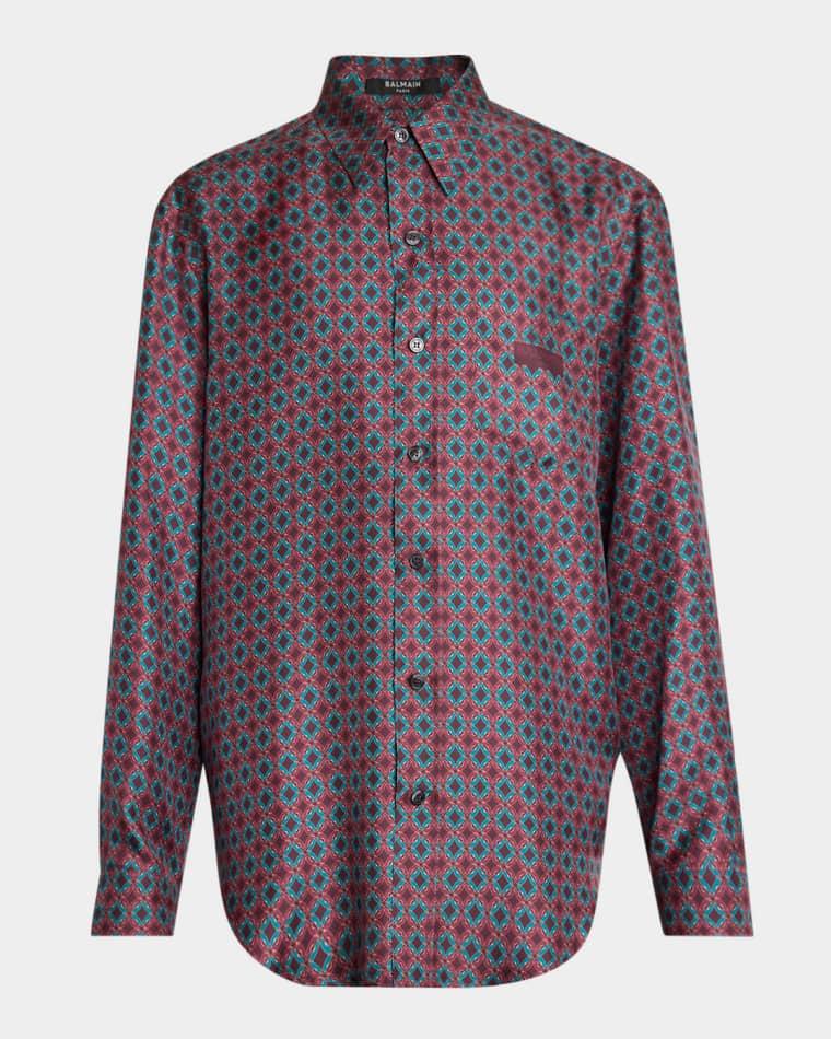 Men's Geometric Tie-Print Silk Button-Down Shirt by BALMAIN