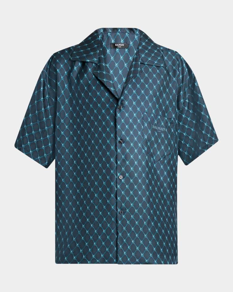 Men's Grid-Print Relaxed Silk Short-Sleeve Shirt by BALMAIN