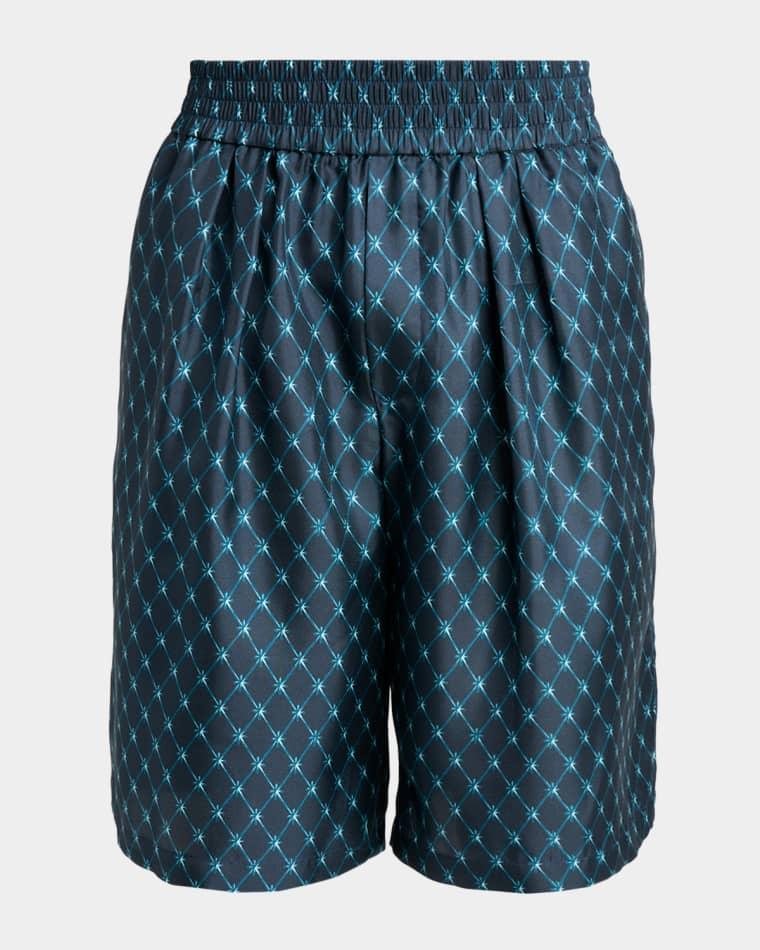Men's Grid Print Silk Pleated Pull-On Shorts by BALMAIN