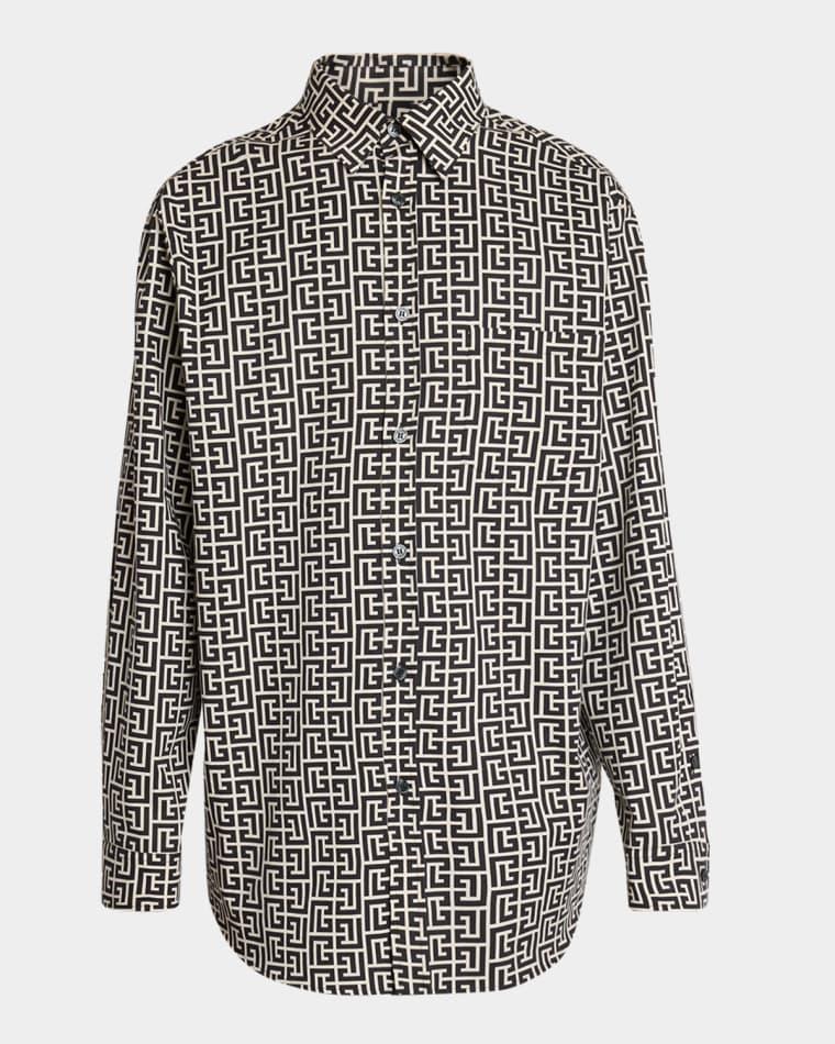Men's PB Monogram Loose-Fit Button-Down Shirt by BALMAIN