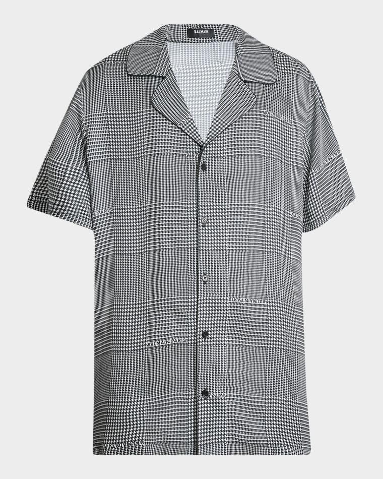 Men's Prince of Wales Logo Viscose Short-Sleeve Shirt by BALMAIN