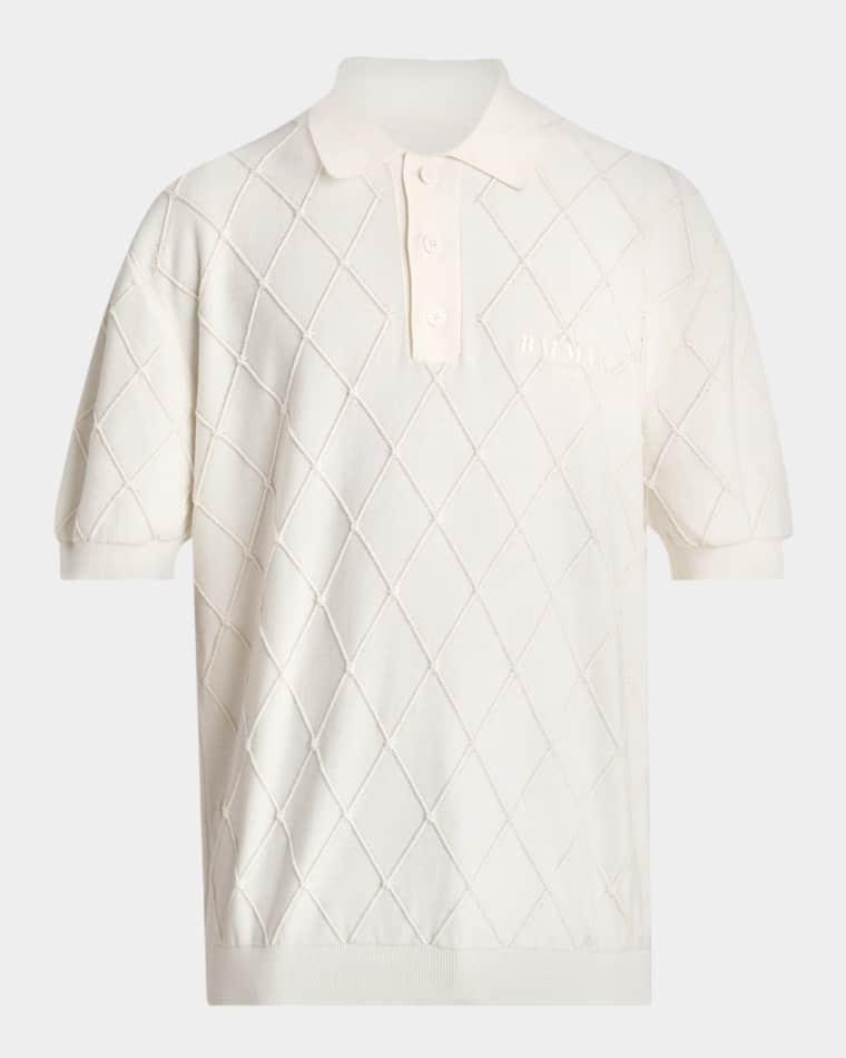 Men's Quilted Embroidered Logo Short-Sleeve Polo Sweater by BALMAIN