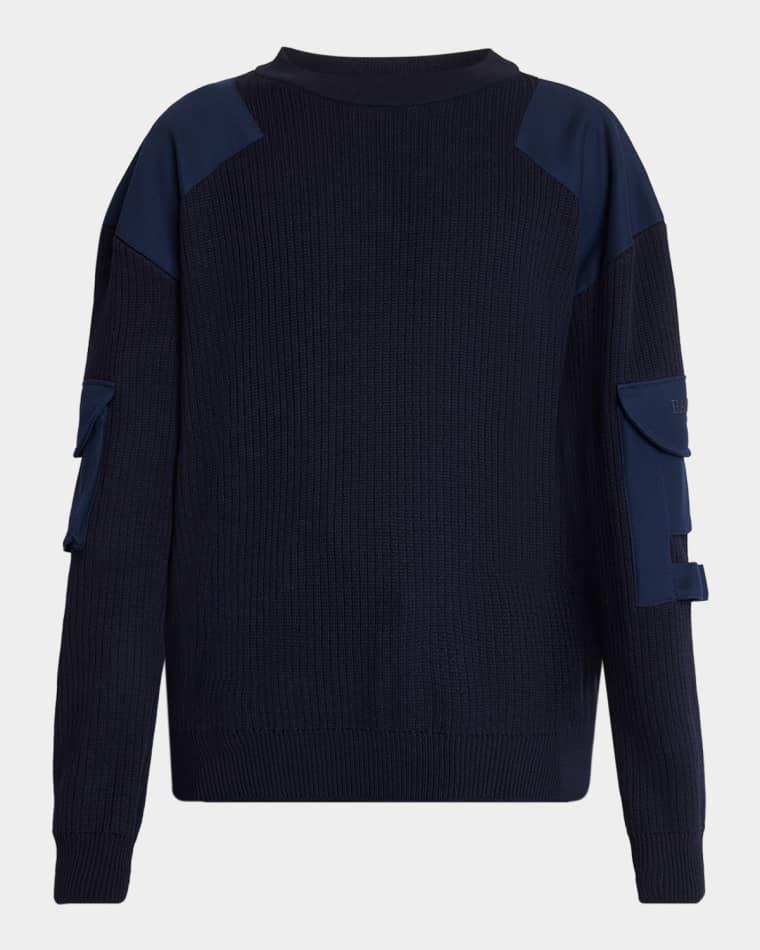 Men's Ribbed Wool Cargo-Pocket Crewneck Sweater by BALMAIN