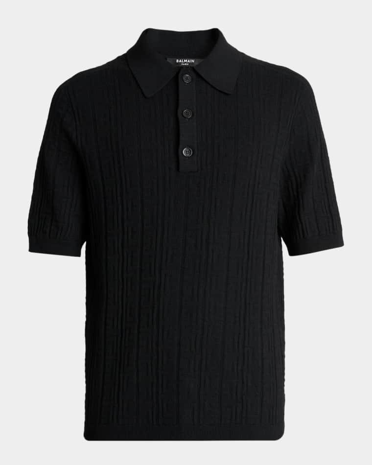 Men's Tonal Monogram Jacquard Short-Sleeve Polo Sweater by BALMAIN