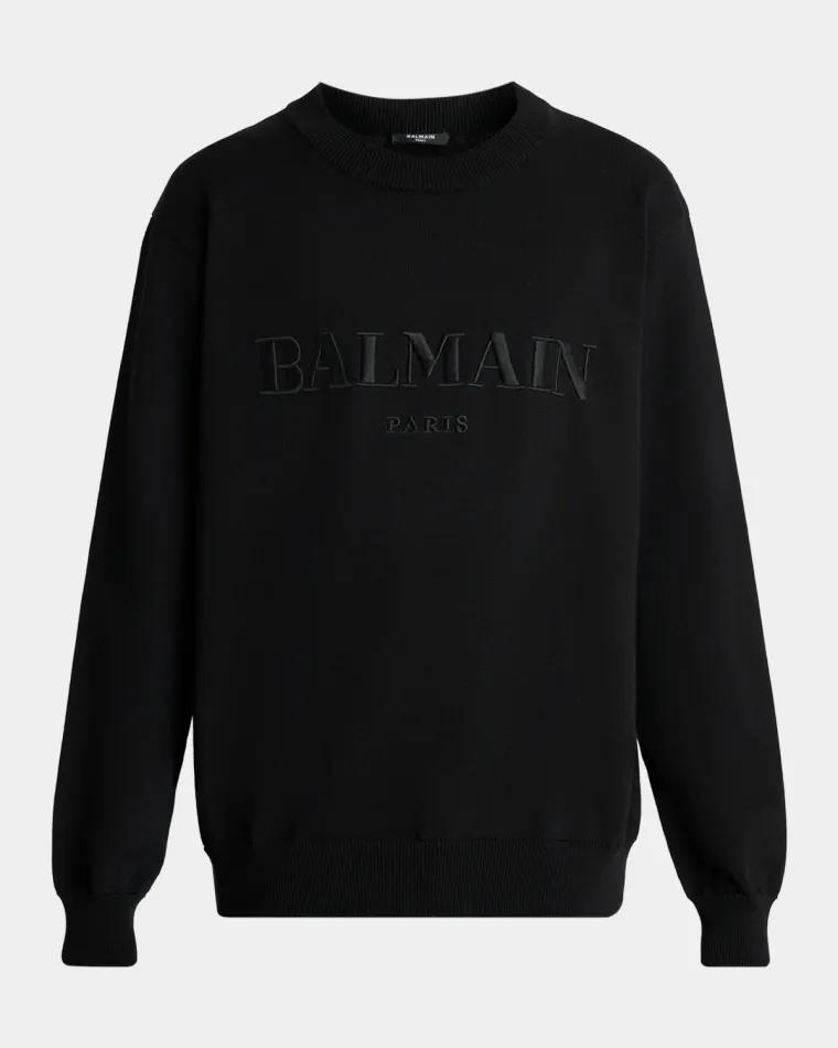 Men's Vintage Embroidered Cotton Crewneck Sweater by BALMAIN