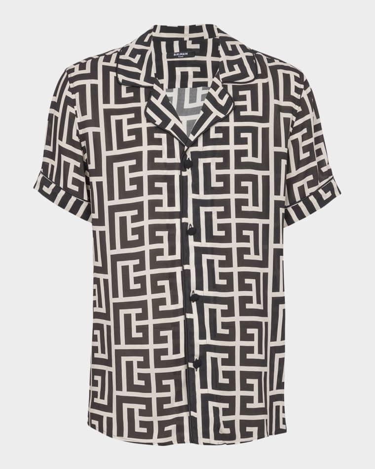 Men's Viscose Monogram Short-Sleeve Shirt by BALMAIN