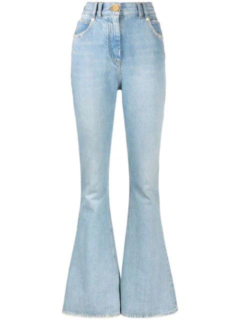 Monogram-print high-waist bootcut jeans by BALMAIN