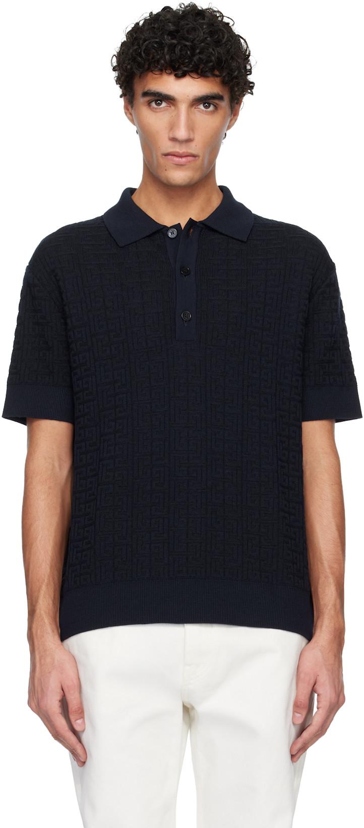Navy Monogram Vanise Knit Polo by BALMAIN