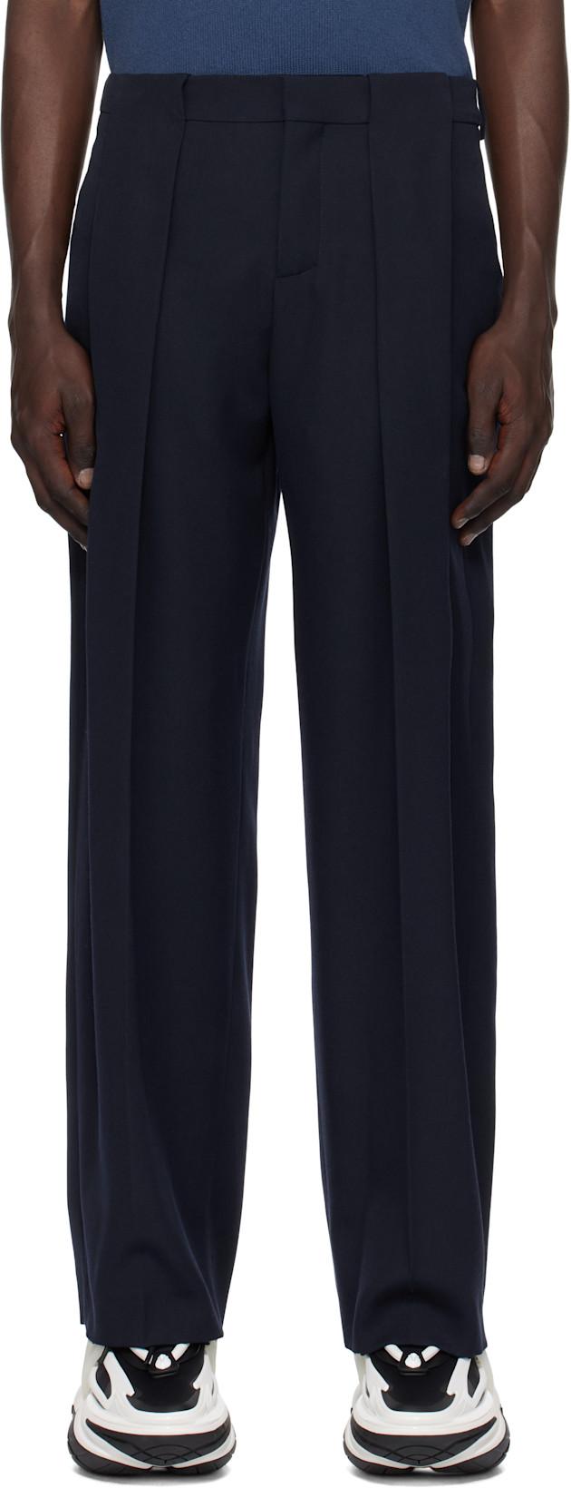Navy Pleated Grain De Poudre Trousers by BALMAIN