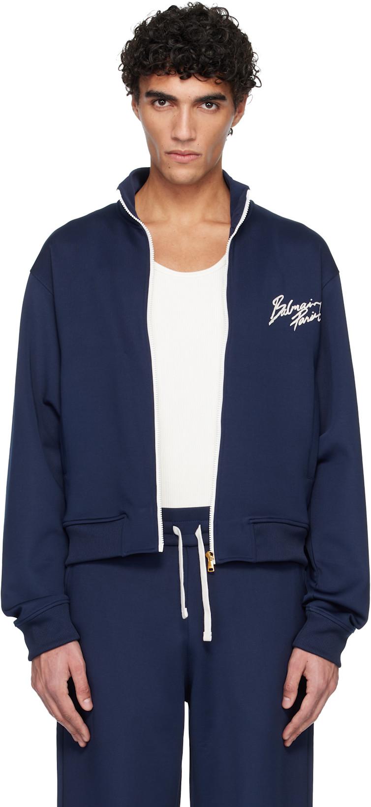 Navy Printed Signature Track Jacket by BALMAIN