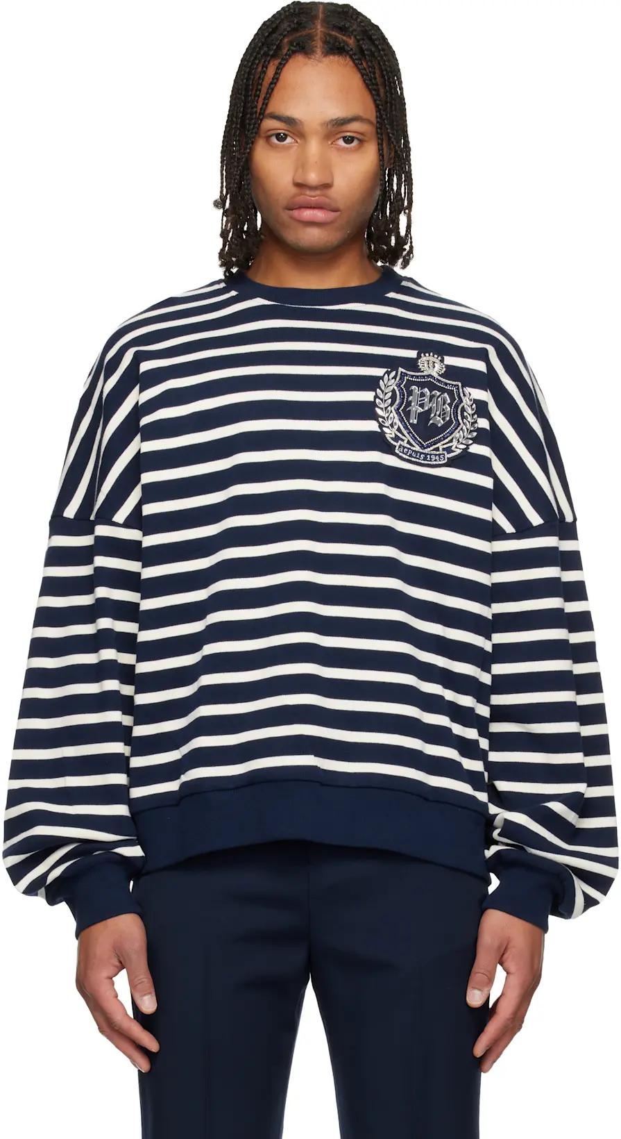 Navy & White Cotton College Emblem Breton Stripes Sweatshirt by BALMAIN