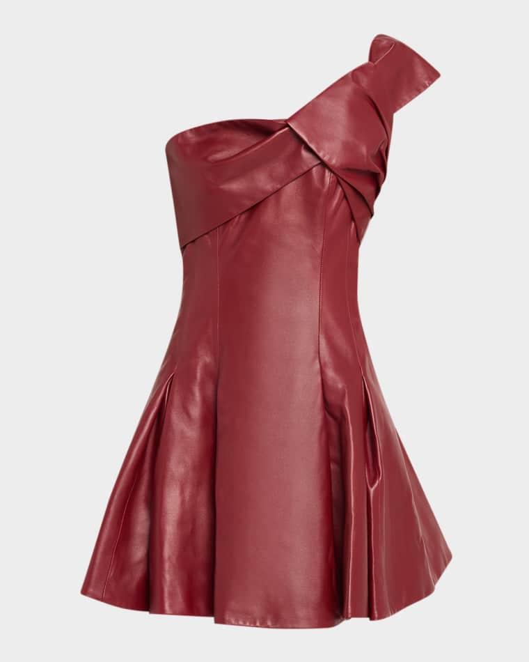 One-Shlouder Pleated Leather Mini Dress by BALMAIN