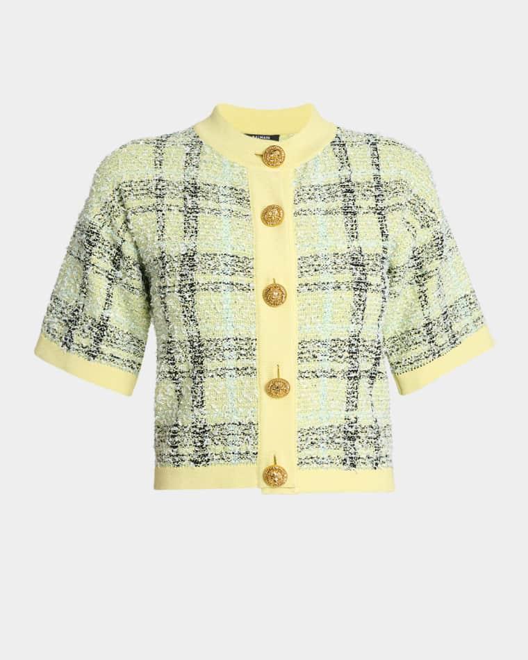 Paillette Check Tweed Short-Sleeve Cardigan by BALMAIN