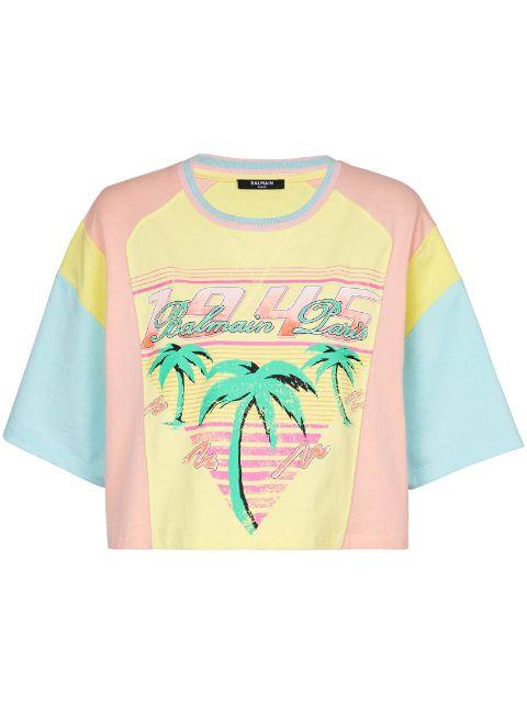 Palm Tree-print cropped T-shirt by BALMAIN