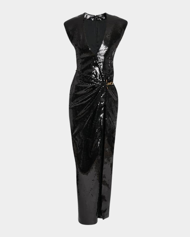 Plunging Sequined Chain Draped Wrap Gown by BALMAIN