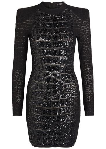 Sequin-embellished crocodile-knit mini dress by BALMAIN