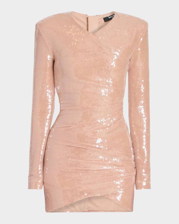 Sequined Long-Sleeve Draped Bodycon Mini Dress by BALMAIN