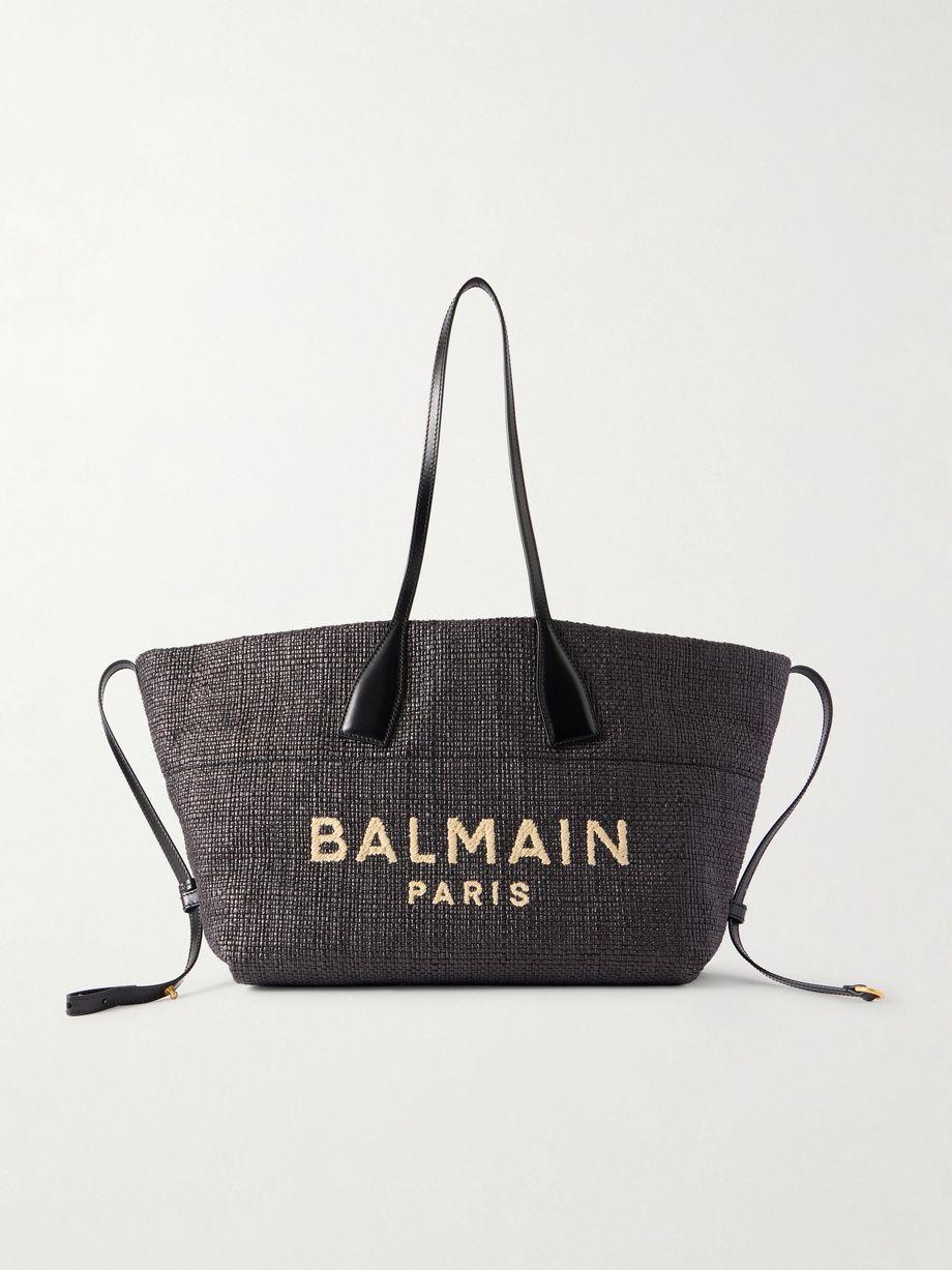 Track leather-trimmed raffia tote by BALMAIN