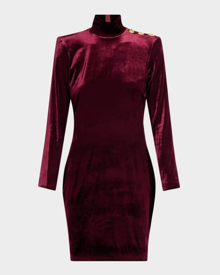 Turtleneck Button-Shoulder Velvet Mini Dress by BALMAIN