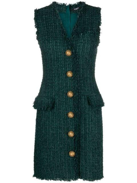 V-neck buttoned tweed minidress by BALMAIN