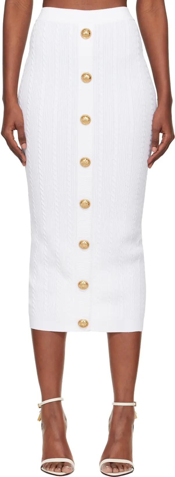 White Cable-Knit Midi Skirt by BALMAIN