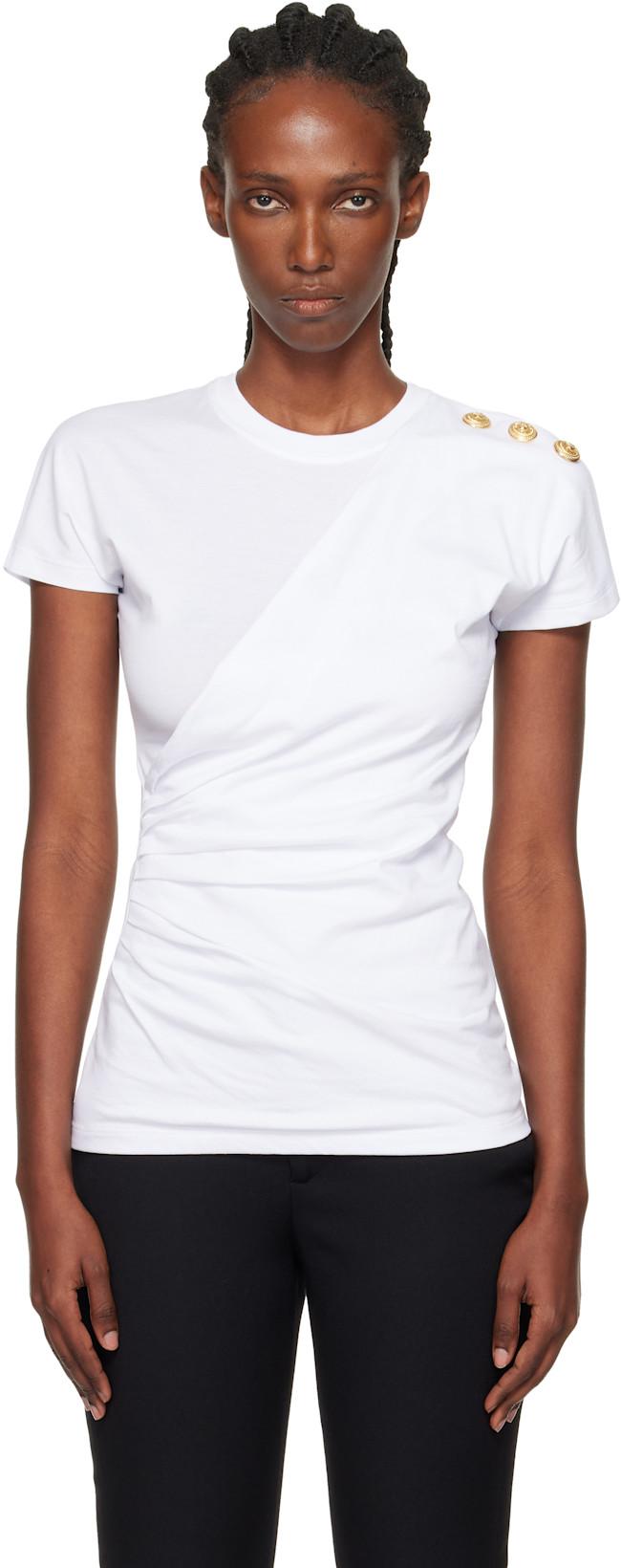 White Short-Sleeved Draped Jersey T-shirt by BALMAIN