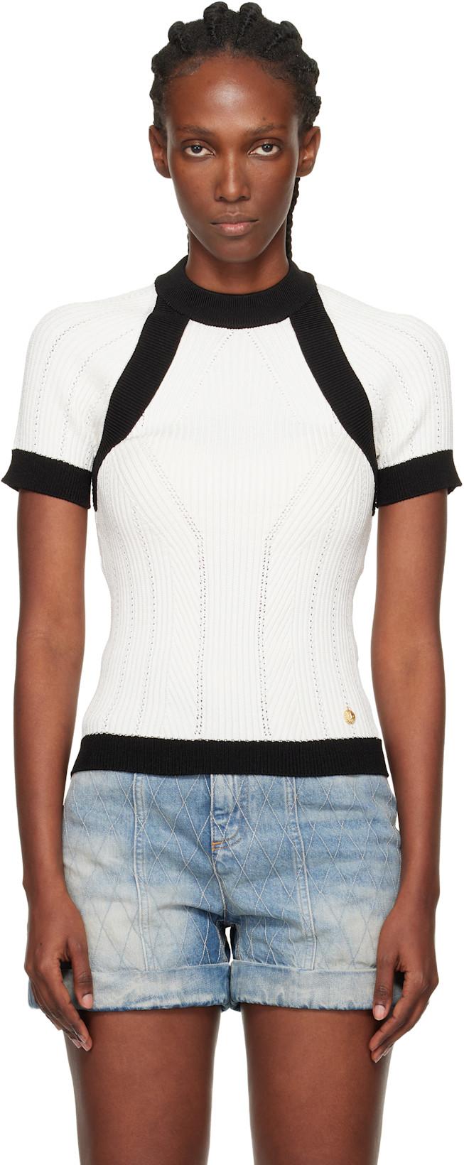 White & Black Short-Sleeved Knit Top by BALMAIN