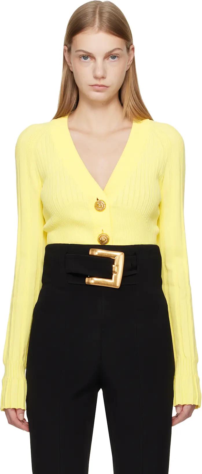 Yellow Buttoned V-Neck Light Knit Cardigan by BALMAIN