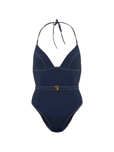 belted contrast-stitch swimsuit by BALMAIN