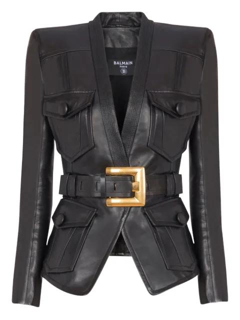 belted leather jacket by BALMAIN