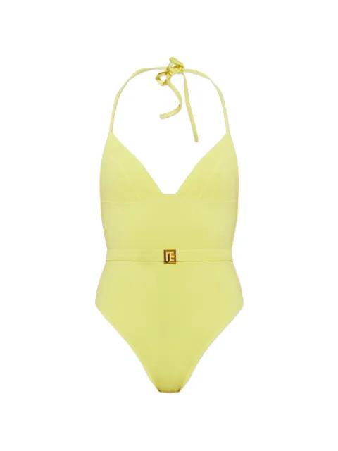 belted logo-plaque swimsuit by BALMAIN