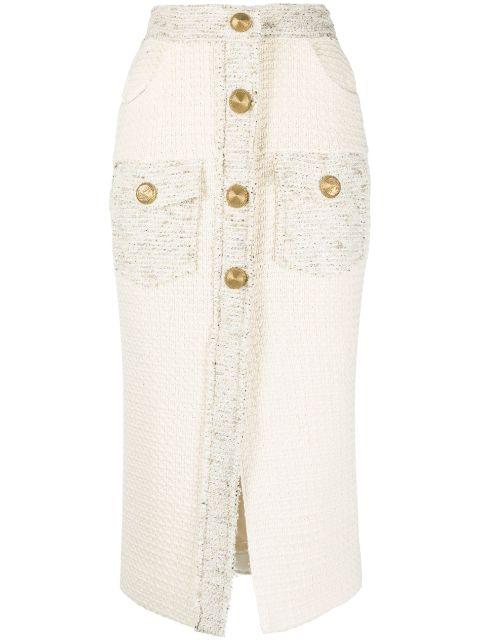 button-detail bouclé-tweed pencil skirt by BALMAIN