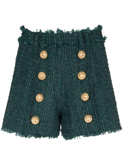 button-detail tweed shorts by BALMAIN