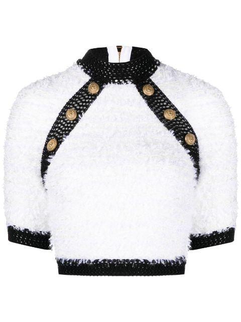 button-embellished tweed crop top by BALMAIN