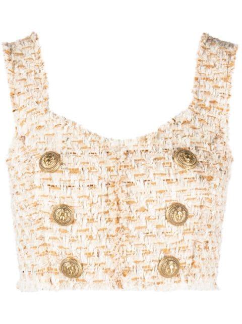 button-embellished tweed cropped top by BALMAIN