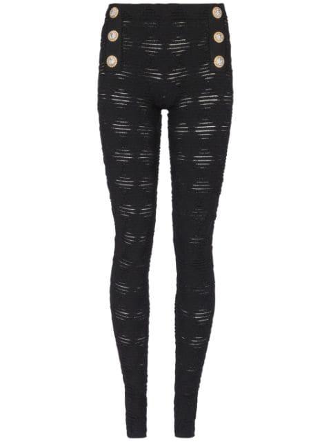 embossed-button open-knit leggings by BALMAIN
