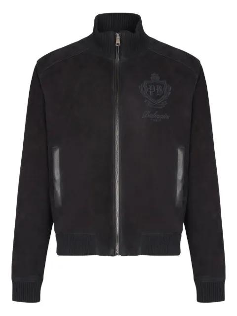 embroidered-emblem suede jacket by BALMAIN