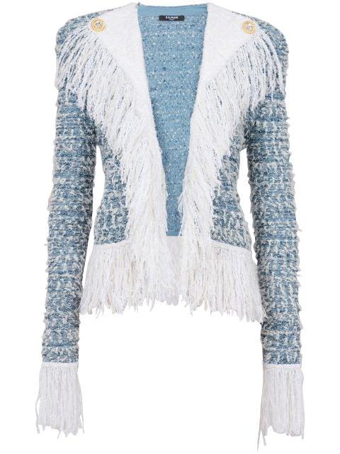 fringed denim tweed jacket by BALMAIN