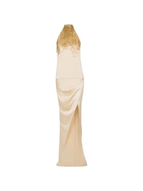 halterneck embroidered silk maxi dress by BALMAIN