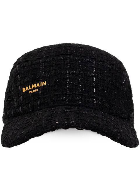 logo-plaque sequin tweed baseball cap by BALMAIN