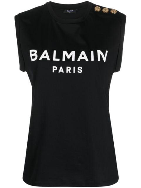 logo-print button-embellished top by BALMAIN