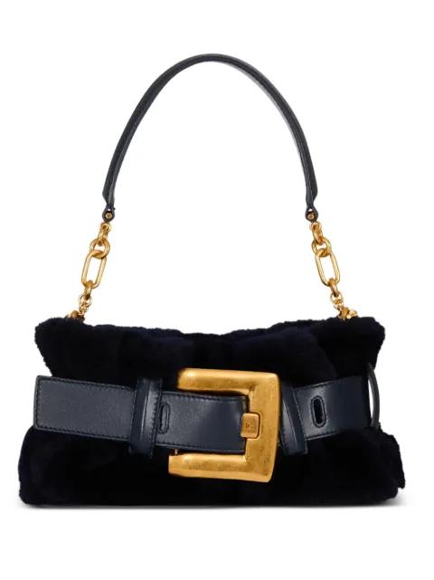 mini Anthem shearling buckle-detail clutch bag by BALMAIN
