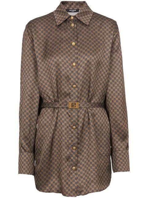 mini monogram-print silk shirt by BALMAIN