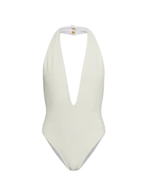 monogram-jacquard halterneck swimsuit by BALMAIN