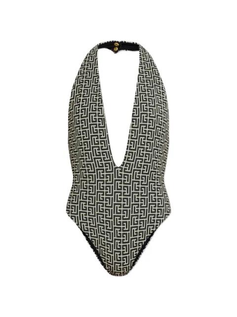 monogram-pattern halterneck swimsuit by BALMAIN