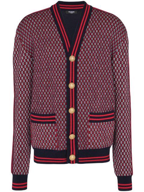 monogram-print checked wool cardigan by BALMAIN