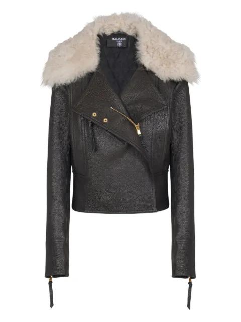 shearling-collar lambskin biker jacket by BALMAIN