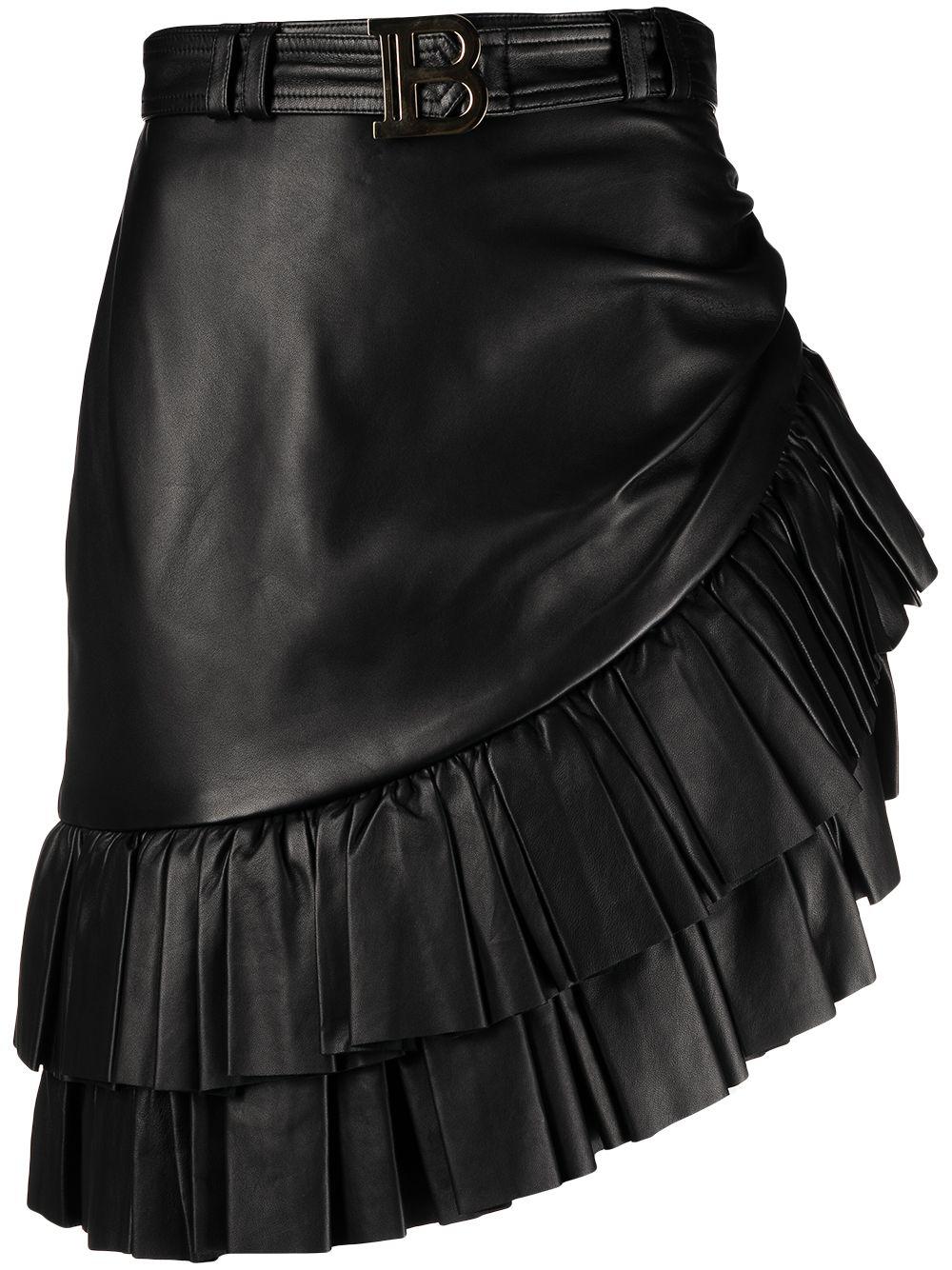 short asymmetric ruffled leather skirt by BALMAIN
